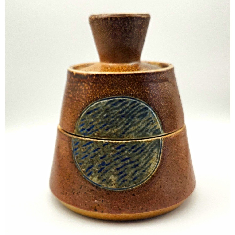 2 tier stoneware salt cellar/jar. Speckled  brown and blue glaze with top
